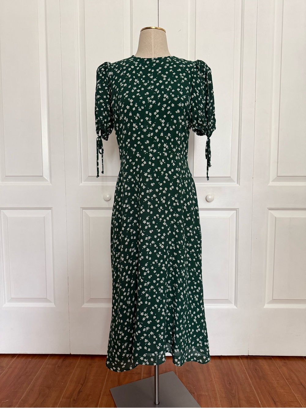 Reformation Oakley Annette Green Floral Puff Sleeve Midi Dress